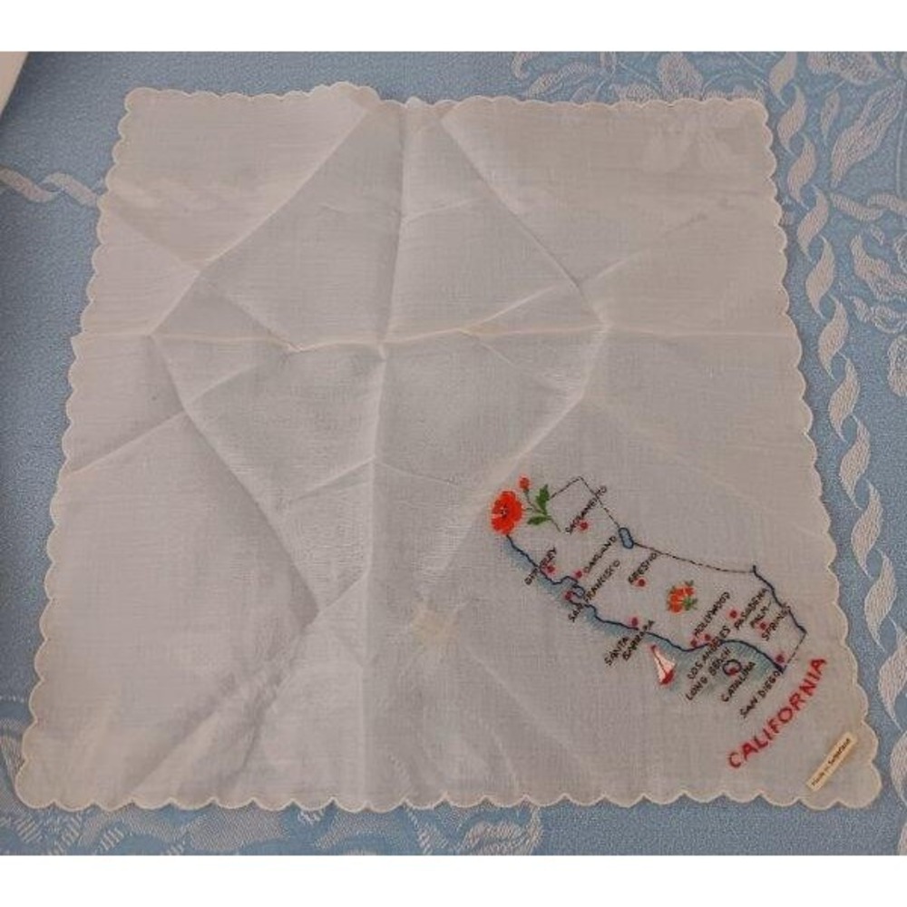 NWT Vintage California Map Souvenir Hanky Swiss Embroidery Handkerchief New - Picture 2 of 3